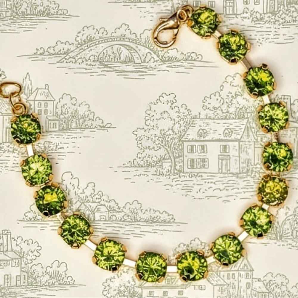 Natural Green Peridot 12.75  Total Carats In Classic Gold Plated Tennis Bracelet